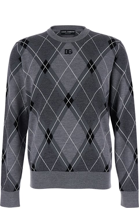 Homeware Dolce & Gabbana Grey Crew Neck Sweater With Front Logo And Diamond Pattern In Wool Blend Man