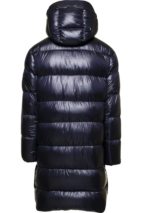 'mejikino' Long Blue Down Jacket With Hood And Logo Patch In Shiny Nylon Man