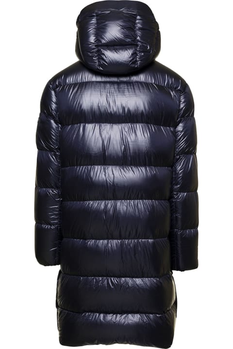 Fashion for Men TATRAS 'mejikino' Long Blue Down Jacket With Hood And Logo Patch In Shiny Nylon Man