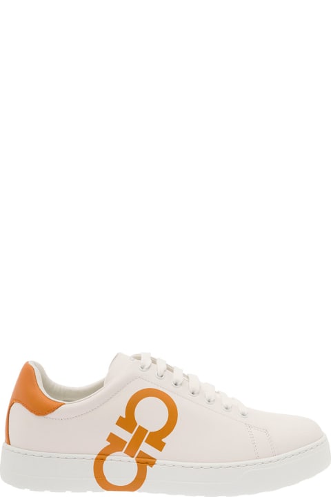 Ferragamo Shoes for Men Ferragamo White Low Top Sneakers With Gancini Logo Print In Leather Man