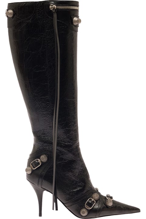 Homeware Balenciaga Cagole White Pointed High-boots With Studs And Buckles In Leather Woman