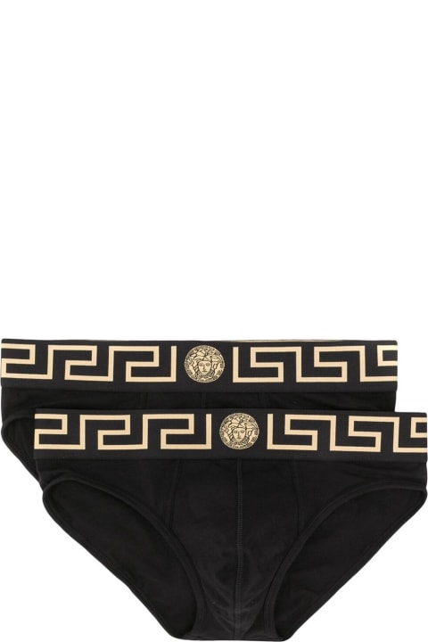 Versace Underwear for Men Versace Men's Set Of Two Black Cotton Briefs With Greek Detail