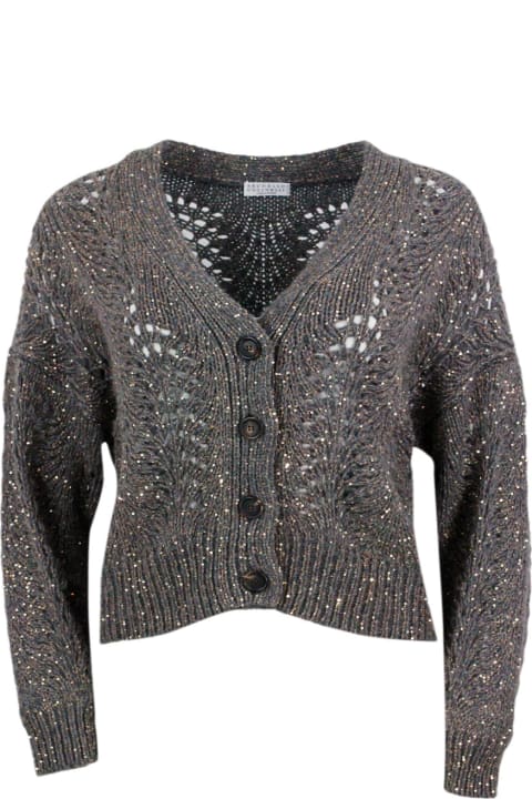 Brunello Cucinelli for Women Brunello Cucinelli Cardigan Sweater With Buttons In Precious And Refined Feather Cashmere Embellished With A Dazzling Yarn With Sequins For A Shiny And Three-dimensional