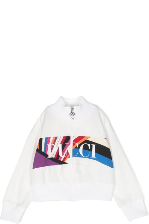 Pucci for Kids Pucci White Zip-up Sweatshirt With Iride Print Logo Band
