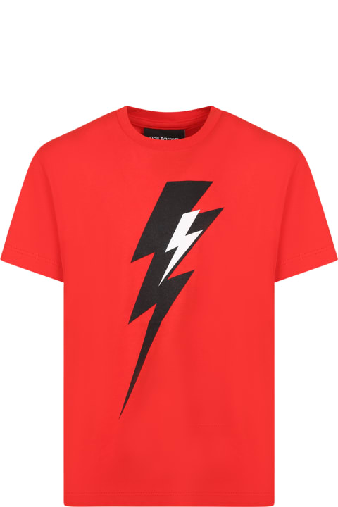 Neil Barrett Kids Neil Barrett Red T-shirt For Boy With Iconic Lightning Bolts
