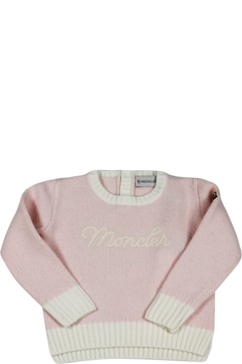 Moncler for Baby Girls Moncler Crewneck And Long Sleeve Tricot Sweater In Soft Wool With Logo Lettering On The Chest.