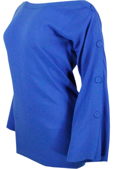 ウィメンズ Maloのウェア Malo Boat Neck, Long-sleeved Shirt In Cotton Thread With Buttons Along The Arms And Wide Sleeves.