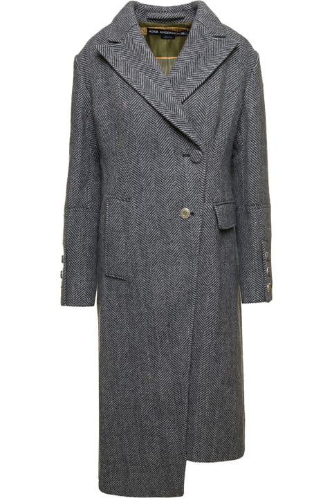 'enya' Grey Asymmetric Double-breasted Coat With Herringbone Pattern In Wool Woman