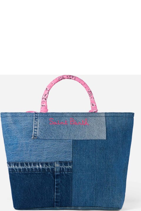 メンズ トートバッグ MC2 Saint Barth Denim Patchwork Handbag With Pink Bandanna Handles