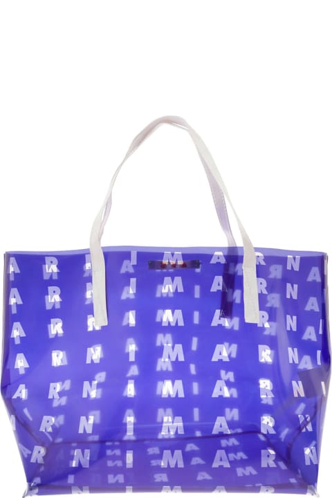 Blue Shopper Bag With All-over Logo Lettering Print  In Polyvunylchloride Man