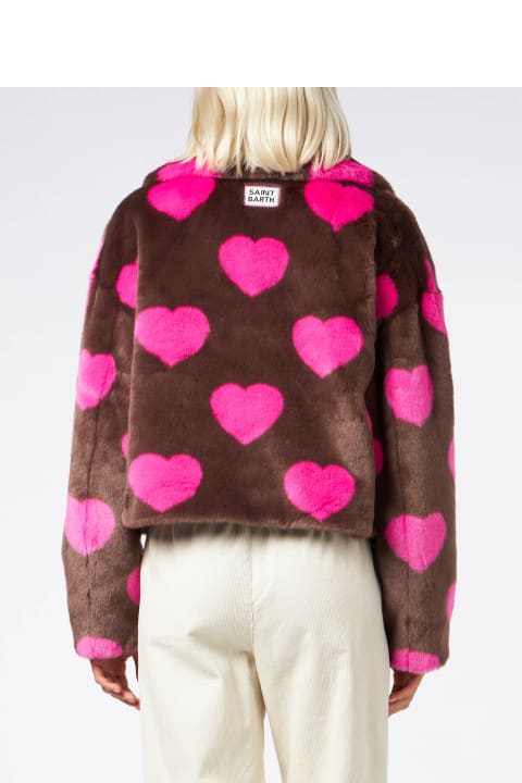 Homeware MC2 Saint Barth Woman Furry Short Jacket With Heart Print