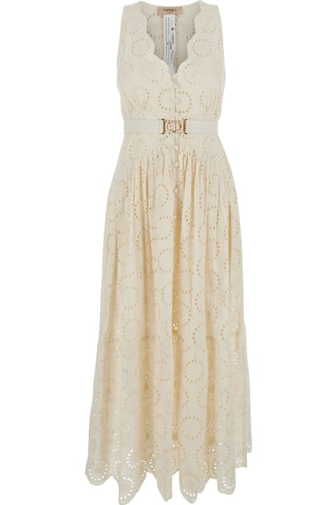 TwinSet for Kids TwinSet White Long Dress With V-neck And Waist Belt With Metallic Logo Plaque In Cotton Woman