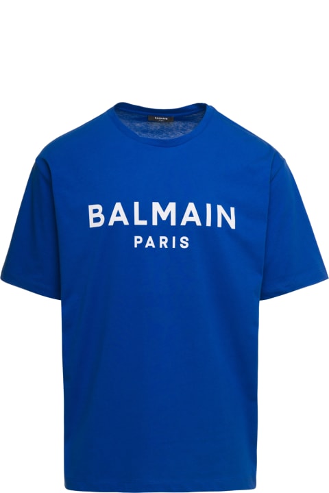 Blue Crewneck T-shirt With Contrasting Logo Print In Cotton Man Balmain