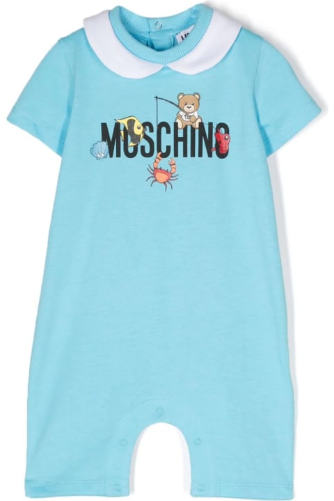 Fashion for Baby Girls Moschino Short Light Blue Playsuit With Logo And Teddy Bear With Fish