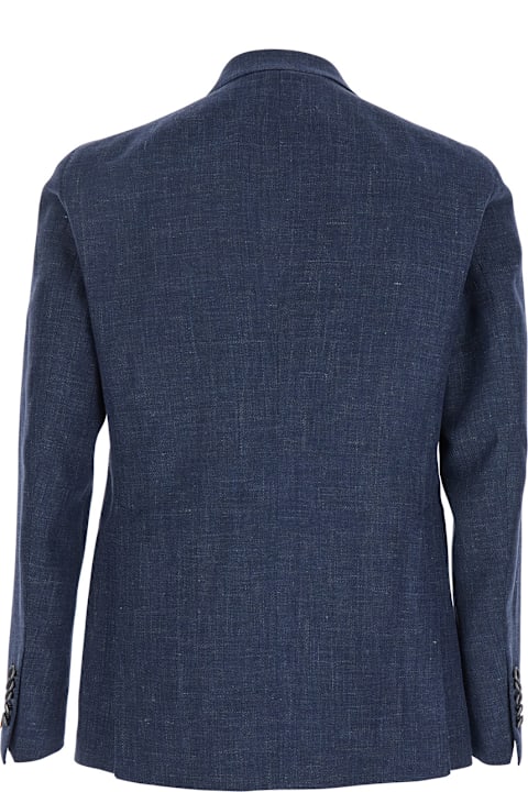 Homeware Tagliatore Blue Double-breasted Blazer With Logo Pin On The Front In Linen And Cotton Blend Man