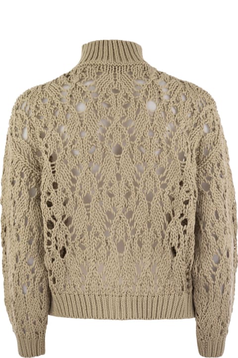 Brunello Cucinelli Sweaters for Women Brunello Cucinelli Soft Feather Cotton Lace Stitch Cardigan With Precious Zipper Pull
