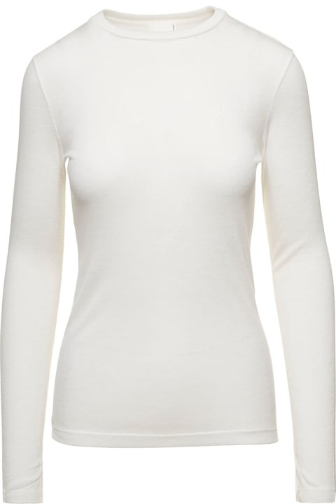 White Crewneck Long Sleeve T-shirt In Wool Woman