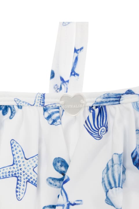 Monnalisa Swimwear for Girls Monnalisa White And Blue Bikini With Graphic Print In Technical Fabric Girl