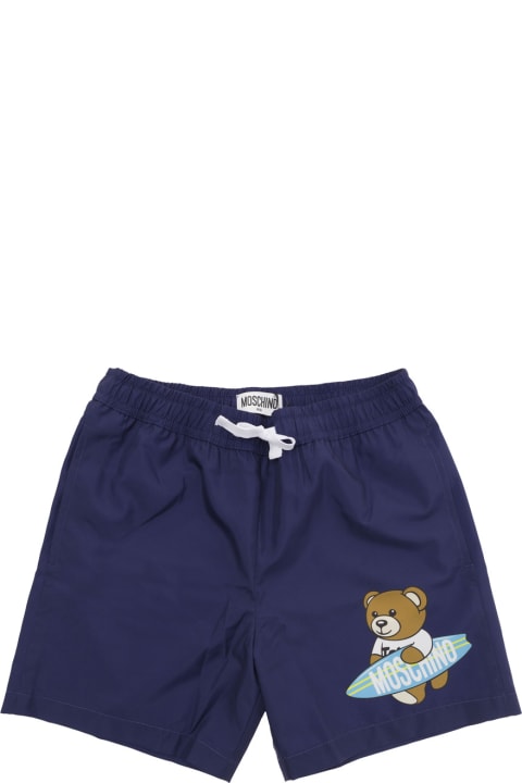 Moschino for Kids Moschino Blue Swimsuit With Teddy Bear Logo Application In Technical Fabric Boy
