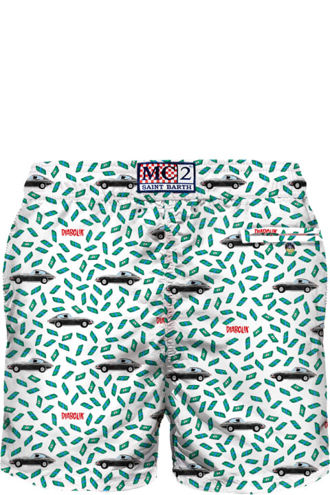 Fashion for Men MC2 Saint Barth Man Light Fabric Swim Shorts With Car And Money Print | Diabolik Special Edition