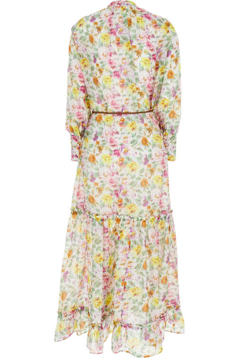 Homeware Anjuna 
lee
 Multicolor Crewneck Kaftan With All-over Floral Motif And Waist Cord In Cotton And Silk Blend Woman