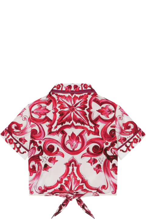 Shirts for Girls Dolce & Gabbana Poplin Shirt With Short Sleeve And Fuchsia Majolica Print