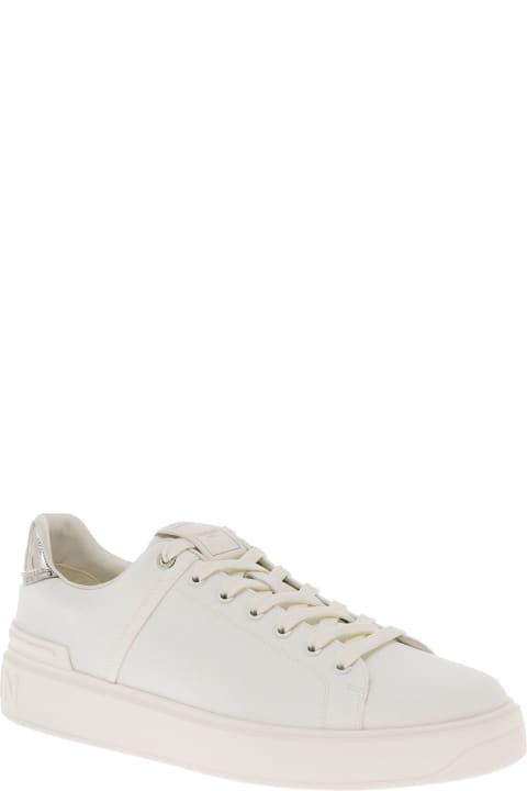 Balmain Man's B-court White Leather Sneakers With Metallic Heel Tab