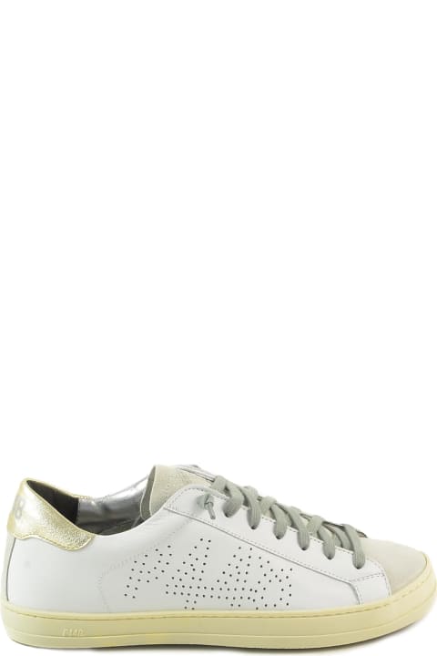 White/gold Leather Women's Flat Sneakers