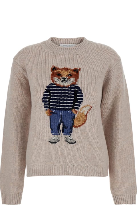 Maison Kitsuné for Kids Maison Kitsuné Beige Crew Neck Sweater With Ribbed Design And Front Embroidery In Wool Woman