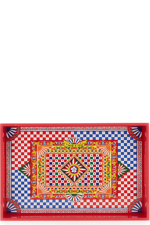 Dolce & Gabbana Home Décor Dolce & Gabbana Multicolor Rectangular Tray With Carretto Siciliano Print In Lacquered Wood