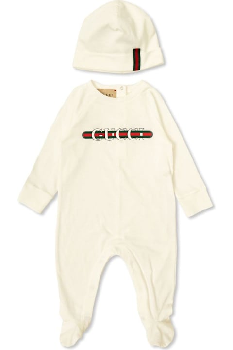 خصم على رُضع بنات Gucci White Romper And Beanie Set With Logo In Fabric Baby