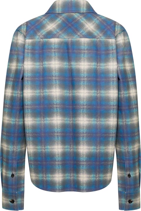 Light Blue Flanel-printed Leather Shirt With Checkered Motif All-over In Lamb Woman
