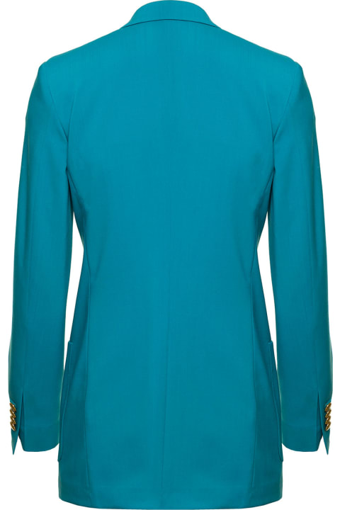 Light Blue Double-breasted Jacket With Logo Charm In Wool Woman