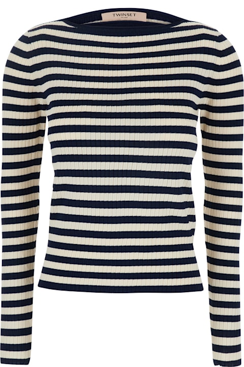 TwinSet for Kids TwinSet White And Black Top With Ribbed Design And All-over Striped Motif In Viscose Woman