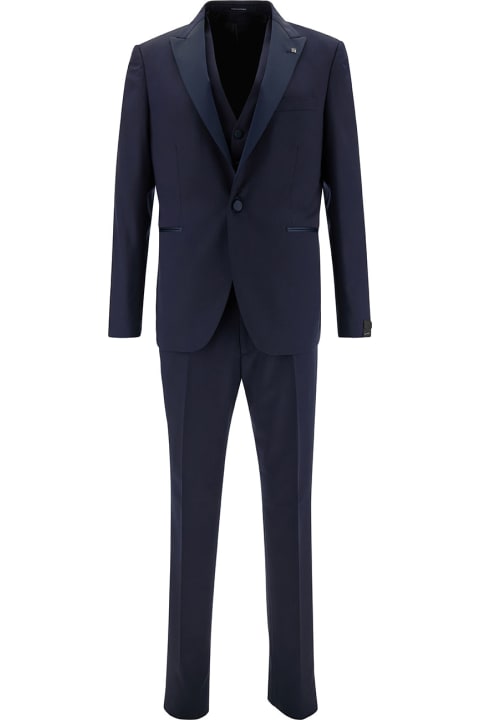 メンズ スーツ Tagliatore Blue Single-breasted Tuxedo With Vest In Wool Man