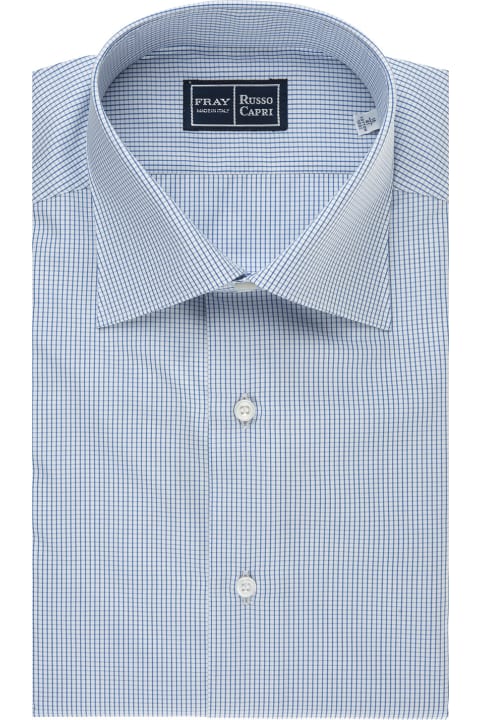 メンズ Frayのシャツ Fray White And Blue Regular Fit Shirt With Micro Checks