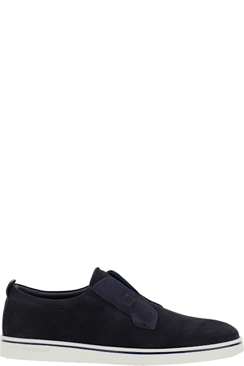 Homeware Ferragamo 'alfie' Blue Laceless Oxford Shoes With Round Toe In Grained Leather Man