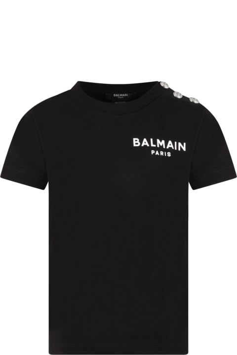 Black T-shirt For Boy With White Logo And Iconic Buttons