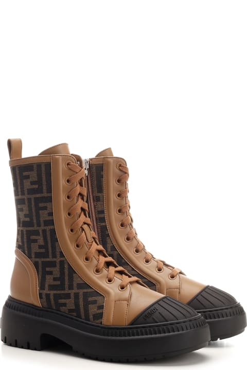 Boots for Women Fendi Domino Leather And Ff Fabric Ankle Boots
