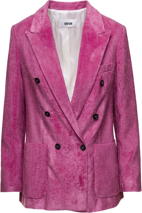 Loose Pink Double-breasted Jacket With Patch Pockets In Corduroy Woman