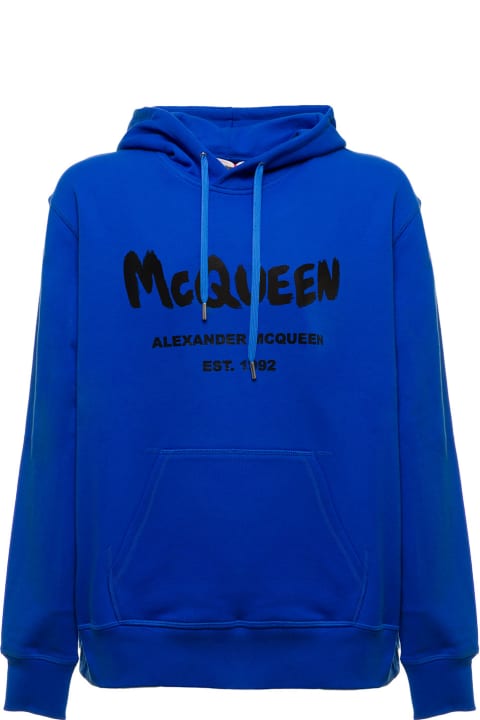 Bluette Jersey Hoodie With Logo Print Alexander Mcqueen Man