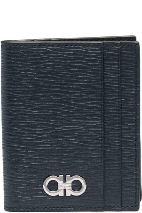 Ferragamo Wallets for Men Ferragamo Blue Cardholder With Silver-tone Gancini Logo In Calf Leather Man
