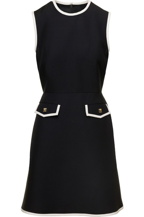 Black Sleeveless Mini Dress With Pockets And Contrasting Trim In Wool And Silk Woman Valentino