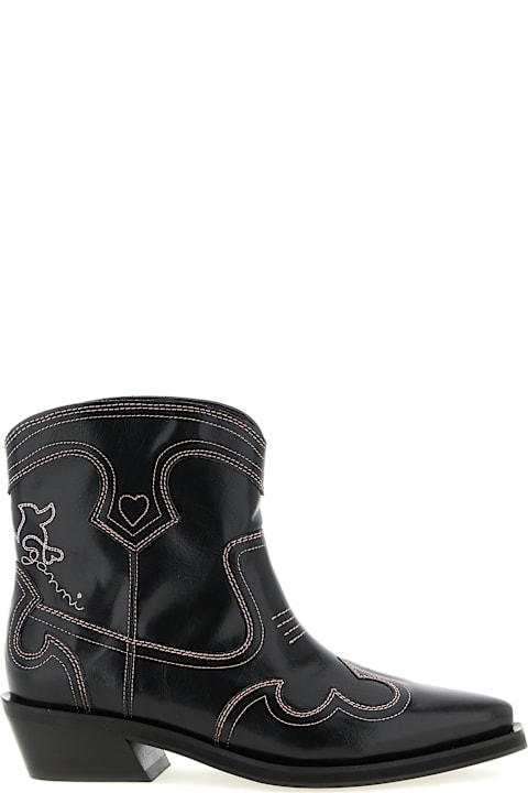 Ganni 'low Shaft Embroidered Western' Ankle Boots