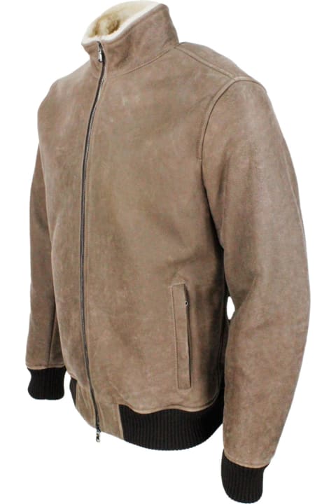 Barba Napoli Coats & Jackets for Men Barba Napoli Bomber Shearling Shearling Jacket With Stretch Knit Trims And Zip Closure