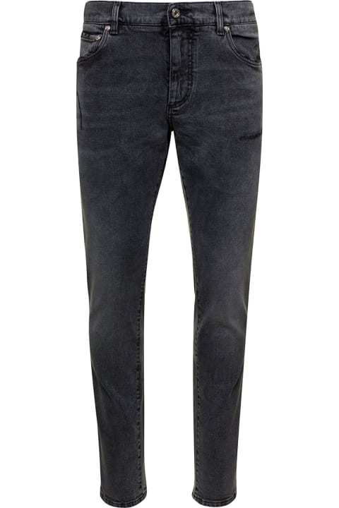 Grey Five-pockets Slim Jeans With Logo Plaque In Stretch Cotton Denim Man
