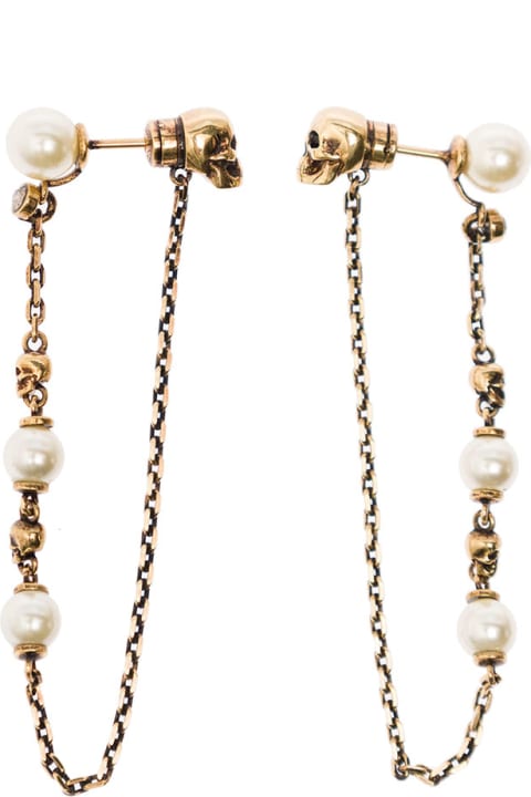 ウィメンズ Alexander McQueenのイヤリング Alexander McQueen Antique Gold-finished Drop Chain Earring With Skulls And Pearls In Brass Woman