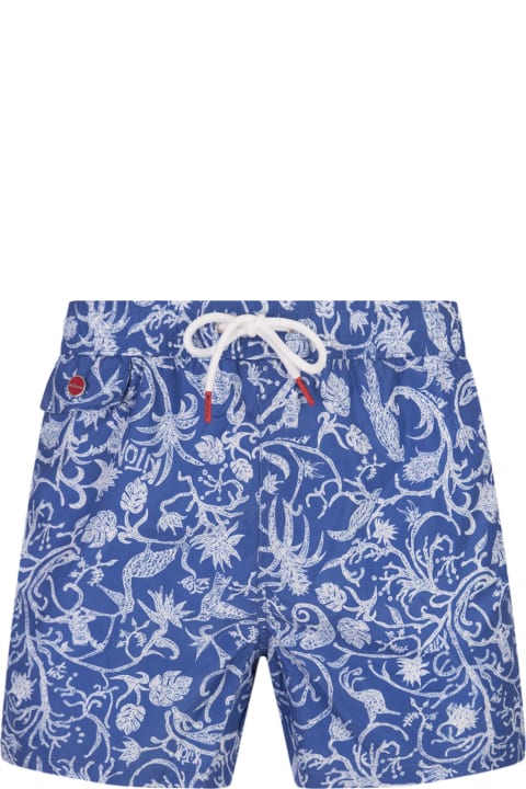 Swimwear for Men Kiton Blue Swim Shorts With White Fantasy Print