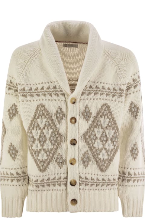 Brunello Cucinelli سترات لـ القسم الرجالي Brunello Cucinelli Geometric Jacquard Cashmere Feather Cardigan With Shawl Collar