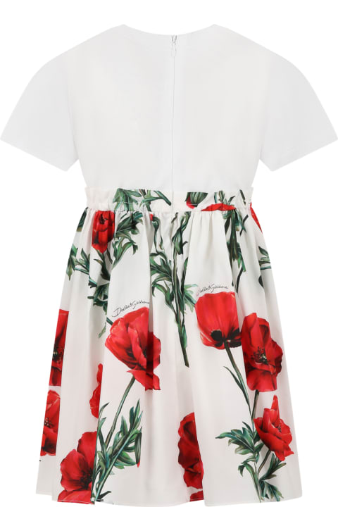 White Dress For Girl With Poppies Print And Logo